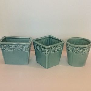 Set of Three Blue Ceramic Vases